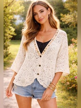 POL Open-Knit Cream V-Neck Button Sweater Cardigan